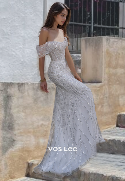 Trumpet/Mermaid Classy Sparkly Sequin Tulle Off Shoulder Sweep Train Wedding Dress