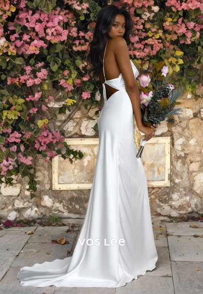 Classy Modern Open Back Spaghetti Straps Satin Court Train Sheath/Column Sleeveless Wedding Dress