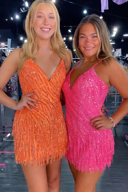Sparkly Sheath Spaghetti Straps Orange Sequins Short Homecoming Dress with Tassel