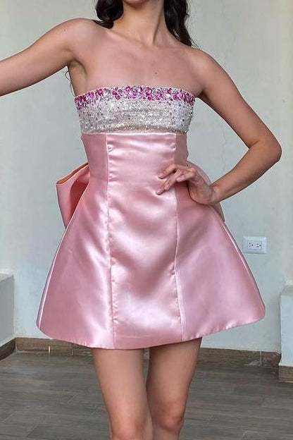 Strapless Mini Dress with Crystal Bodice & Back Bow