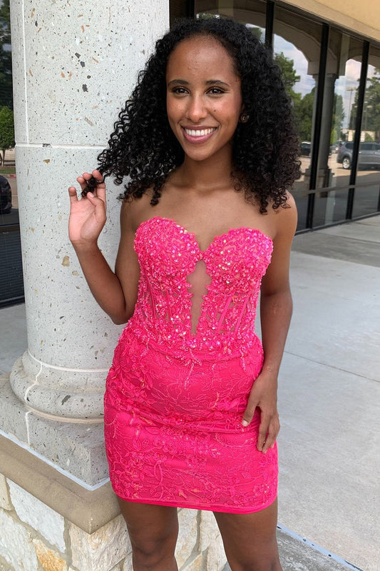 Glamorous Strapless Hot Pink Beaded Lace Short Tight Homecoming Dress