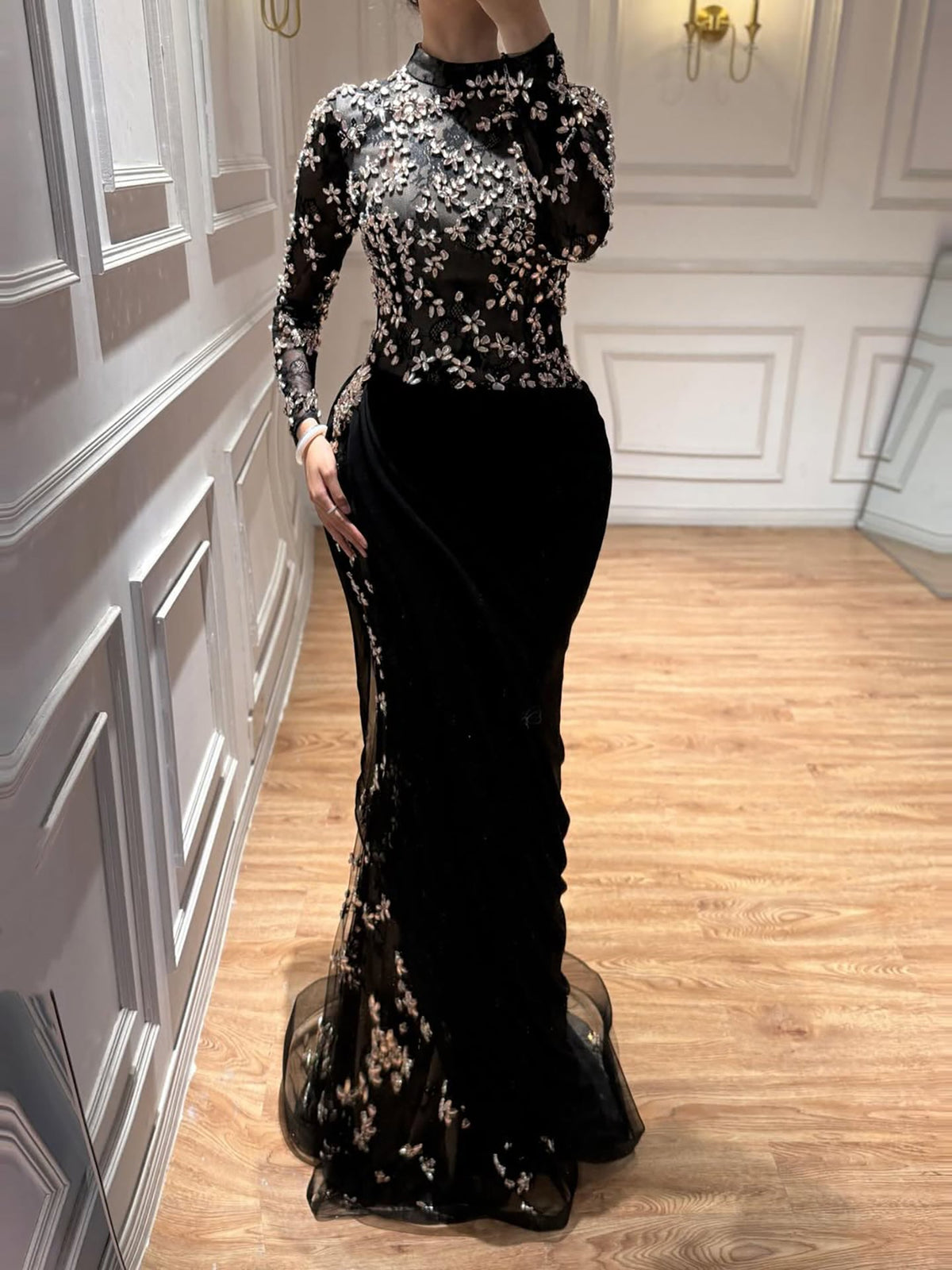 High Neck Floral Embroidered Velvet Mermaid Gown