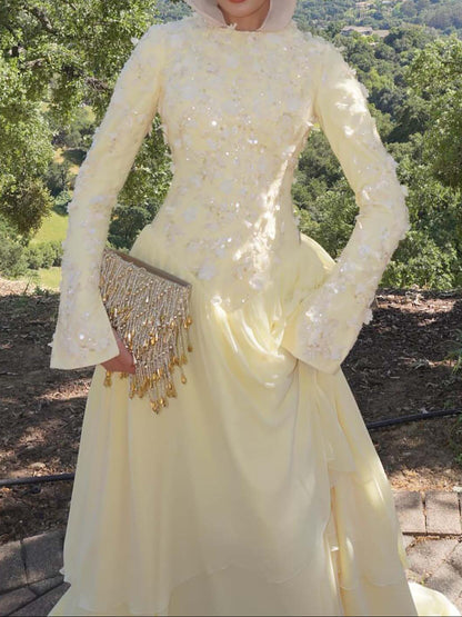 Embroidered Floral Long Sleeve Floor-Length Gown
