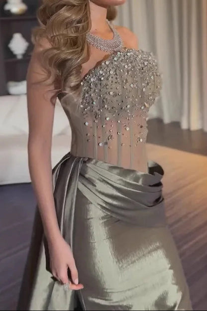 Beaded Corset Evening Gown with Draped Skirt