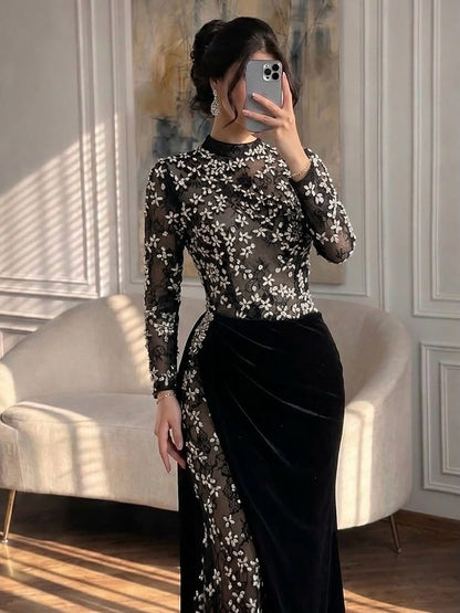 High Neck Floral Embroidered Velvet Mermaid Gown
