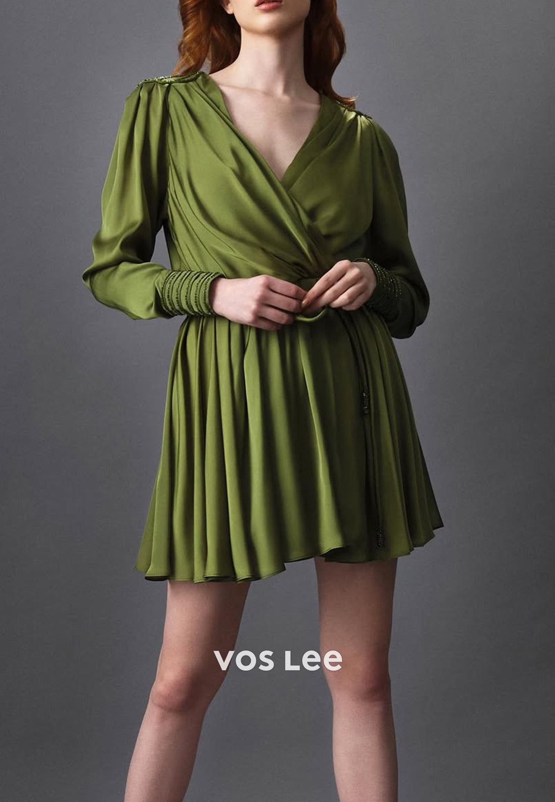 Short & Mini A-Line Long Sleeve V Neck Pleated Wedding Guest Dresses