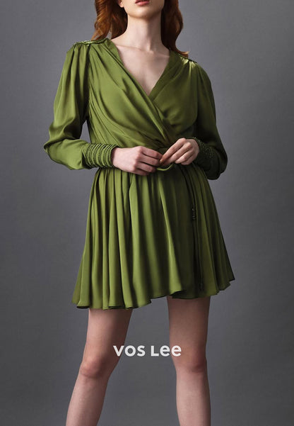 Short & Mini A-Line Long Sleeve V Neck Pleated Wedding Guest Dresses