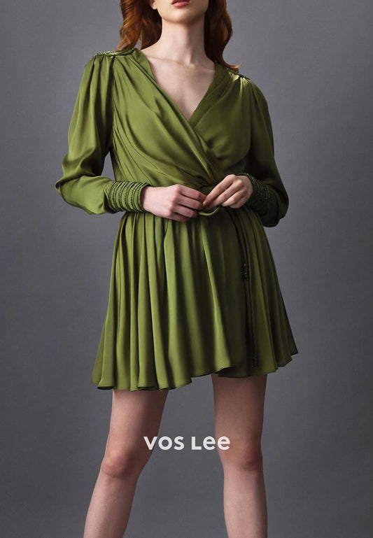 Short & Mini A-Line Long Sleeve V Neck Pleated Wedding Guest Dresses