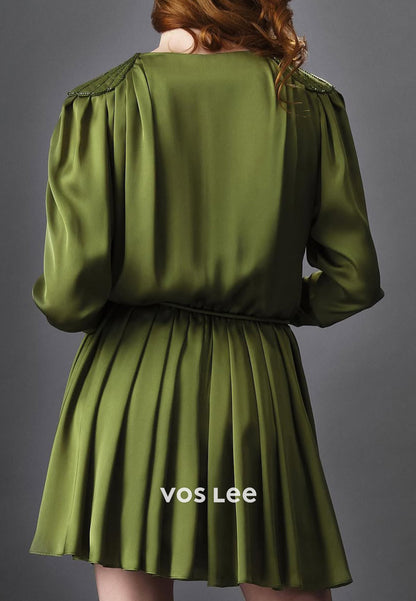 Short & Mini A-Line Long Sleeve V Neck Pleated Wedding Guest Dresses