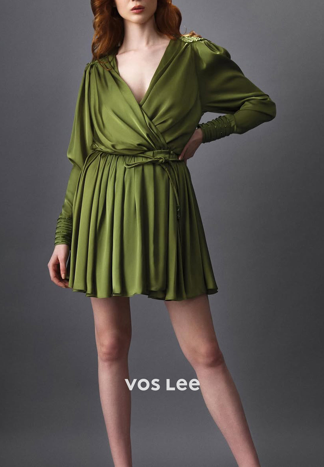 Short & Mini A-Line Long Sleeve V Neck Pleated Wedding Guest Dresses