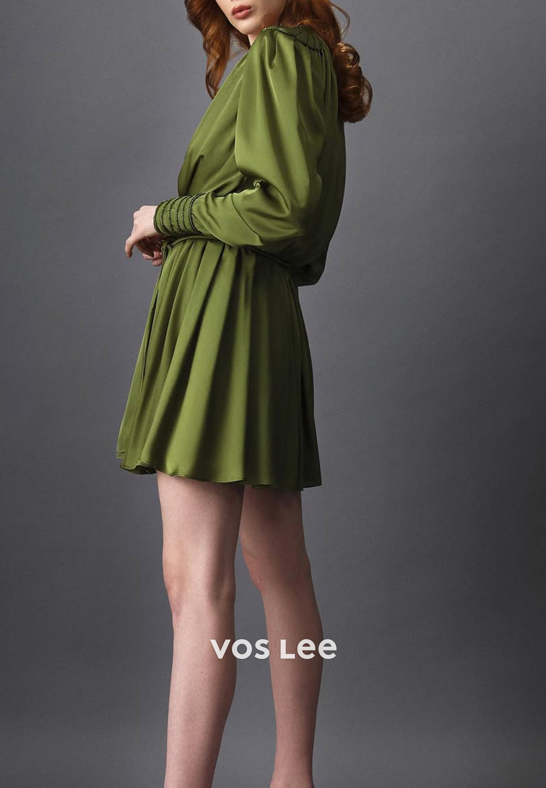 Short & Mini A-Line Long Sleeve V Neck Pleated Wedding Guest Dresses