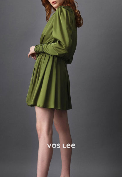 Short & Mini A-Line Long Sleeve V Neck Pleated Wedding Guest Dresses