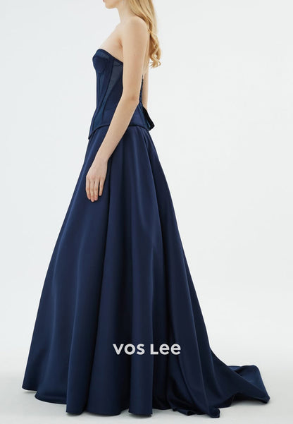 A-Line Strapless Sweetheart High Split Pleated Evening Dresses with Court Train
