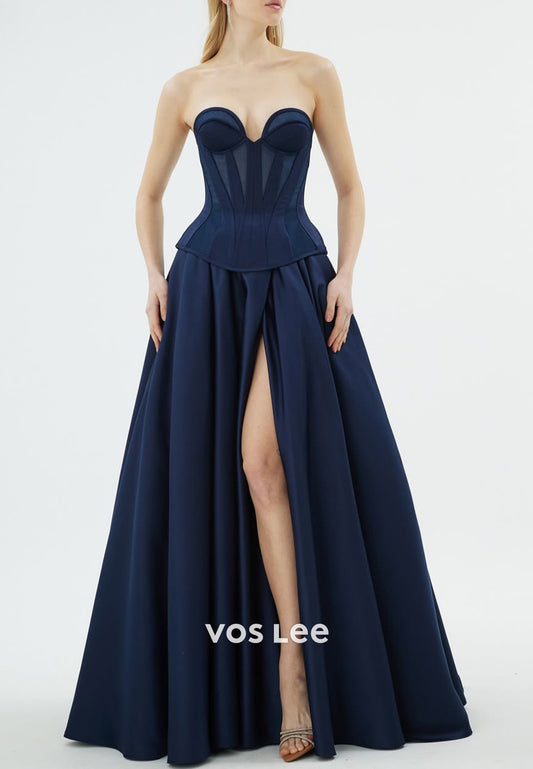 A-Line Strapless Sweetheart High Split Pleated Evening Dresses with Court Train