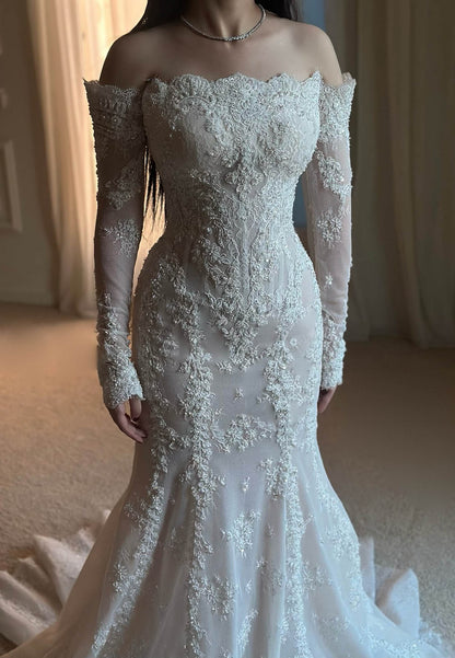 Long Sleeves Off-Shoulder Sweep Train Lace Wedding Dress