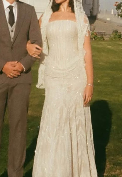 Sparkly Sleeveless Strapless Lace Wedding Dress
