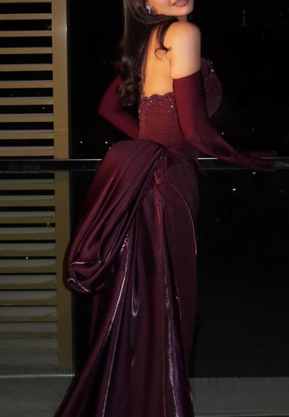 Luxury Draped Satin Formal Dress | Burgundy Strapless Gown with Long Train