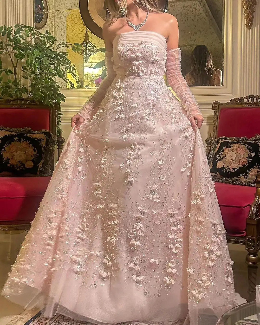 Elegant Pink 3D Flowers Evening Dress with Long Sleeves
