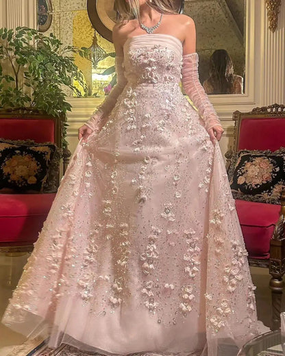 Elegant Pink 3D Flowers Evening Dress with Long Sleeves