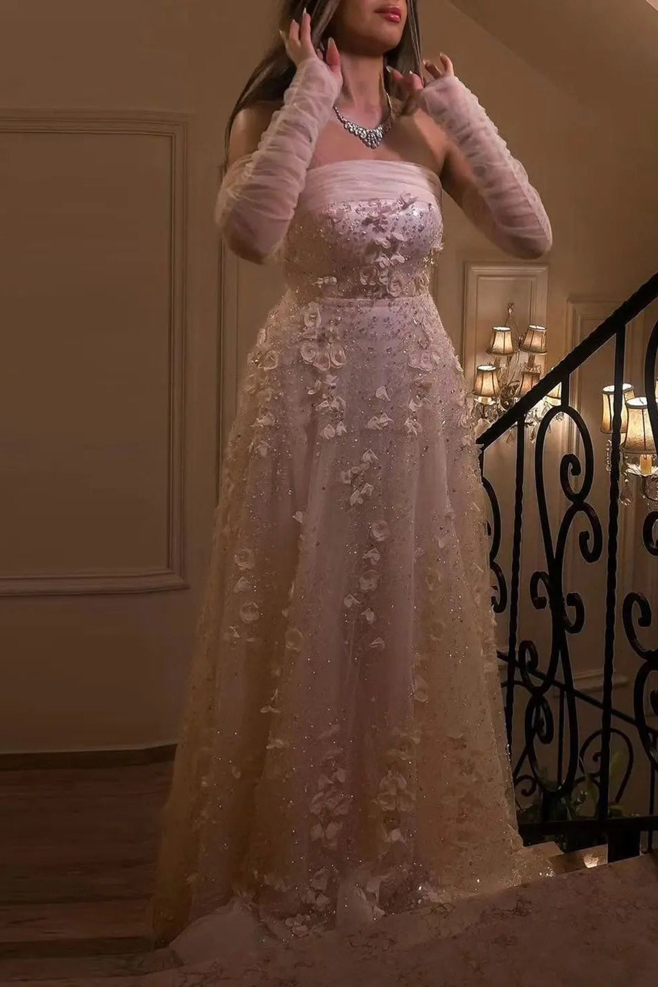 Elegant Pink 3D Flowers Evening Dress with Long Sleeves
