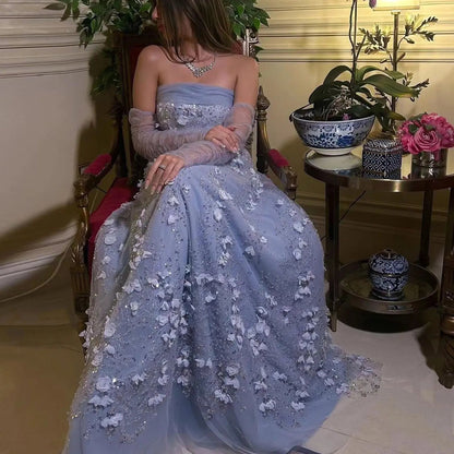 Elegant Pink 3D Flowers Evening Dress with Long Sleeves