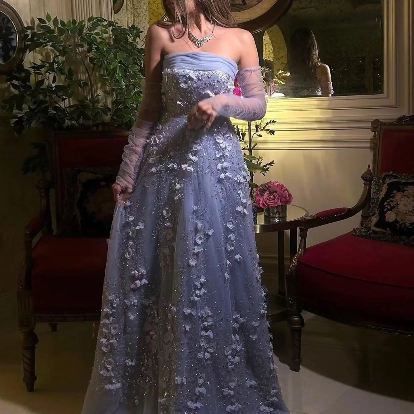 Elegant Pink 3D Flowers Evening Dress with Long Sleeves