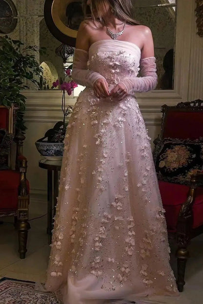 Elegant Pink 3D Flowers Evening Dress with Long Sleeves