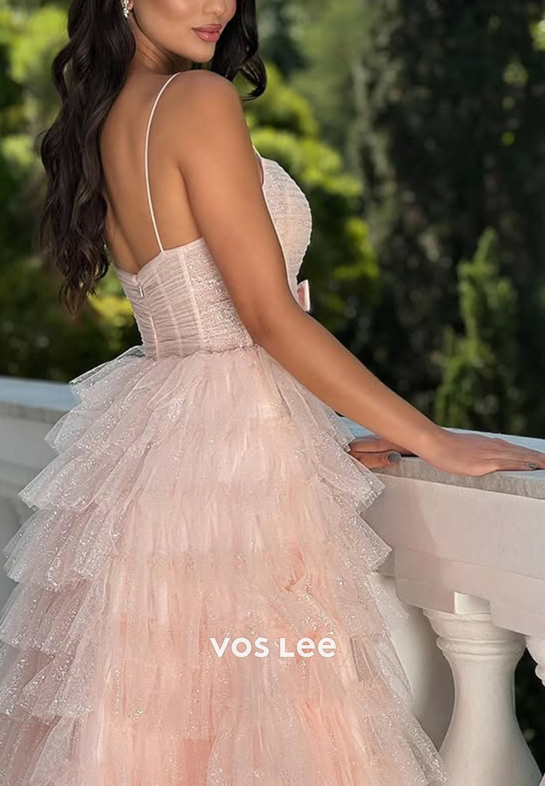 Fashion Tulle Bow Tiered A-line Spaghetti strap Long Prom Dresses
