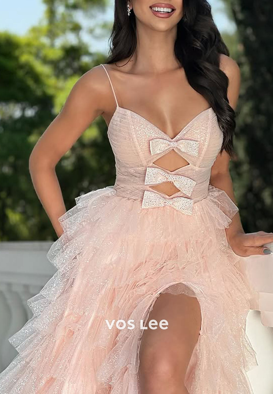 Fashion Tulle Bow Tiered A-line Spaghetti strap Long Prom Dresses