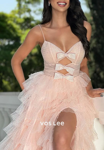 Fashion Tulle Bow Tiered A-line Spaghetti strap Long Prom Dresses