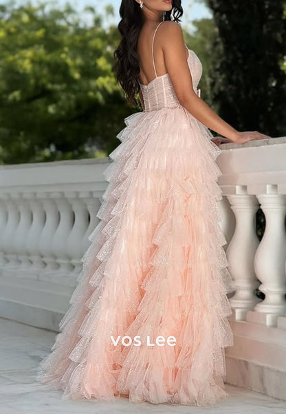 Fashion Tulle Bow Tiered A-line Spaghetti strap Long Prom Dresses