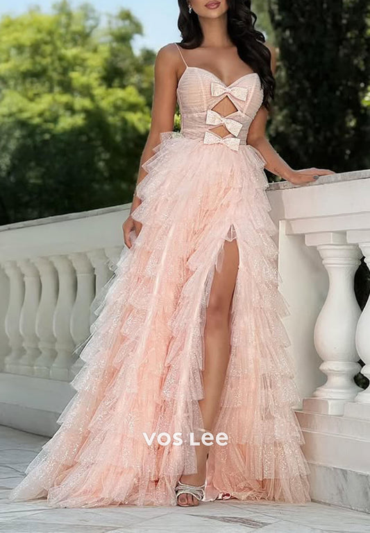 Fashion Tulle Bow Tiered A-line Spaghetti strap Long Prom Dresses