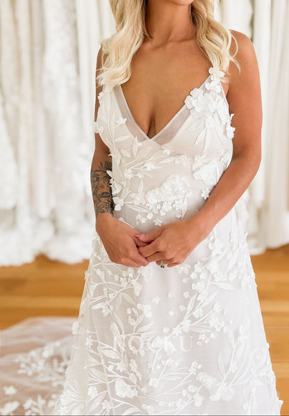 A-Line V Neck Sleeveless Appliqued Lace Wedding Dress