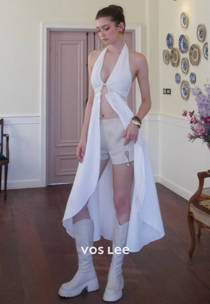 V-Neck Strapless White Halter Midi Dress with Pockets