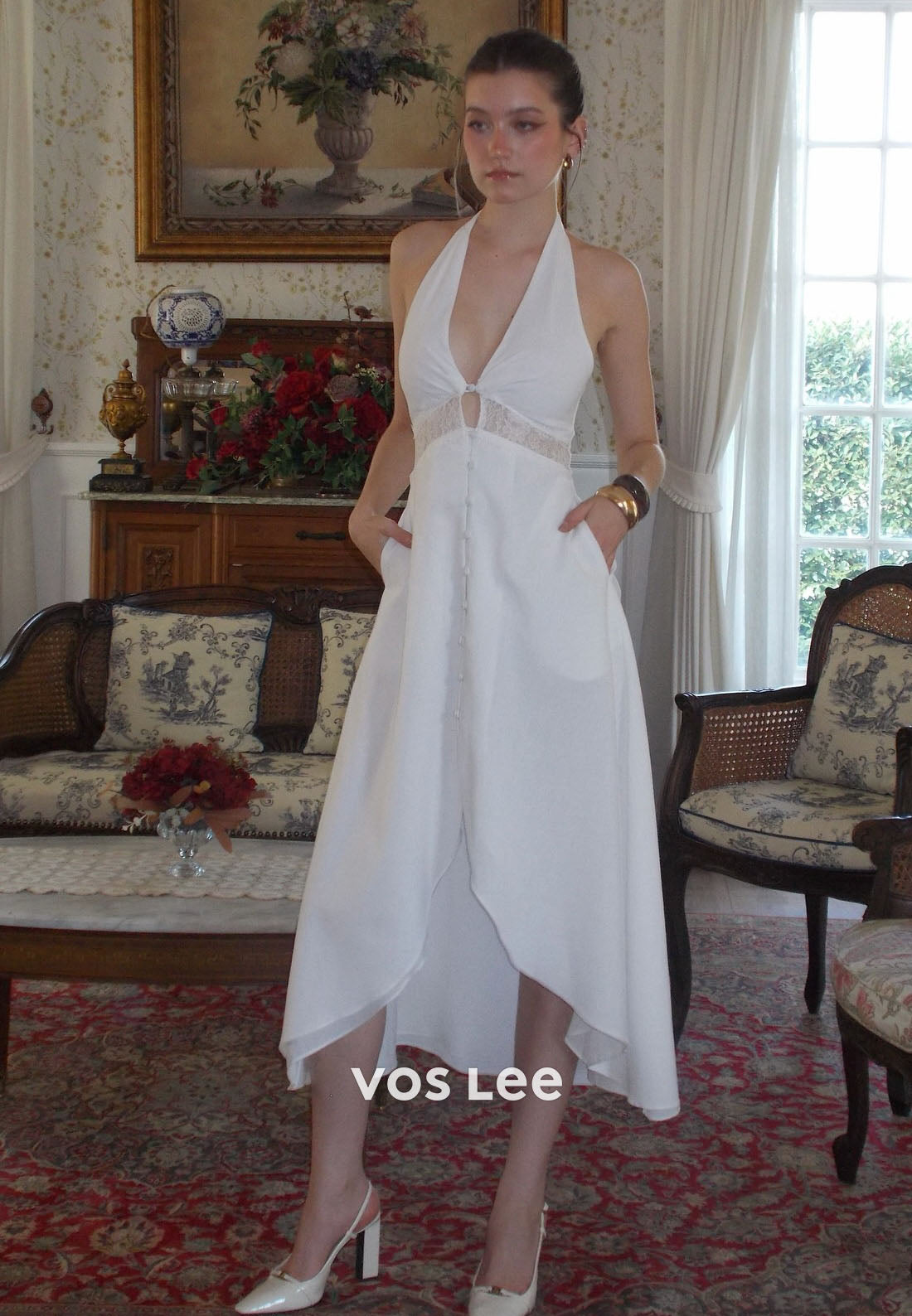 V-Neck Strapless White Halter Midi Dress with Pockets