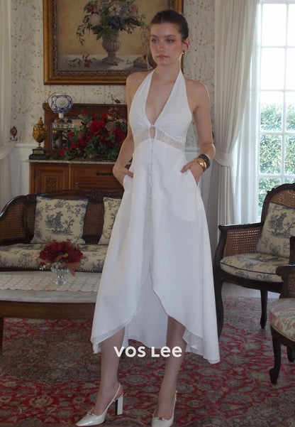 V-Neck Strapless White Halter Midi Dress with Pockets