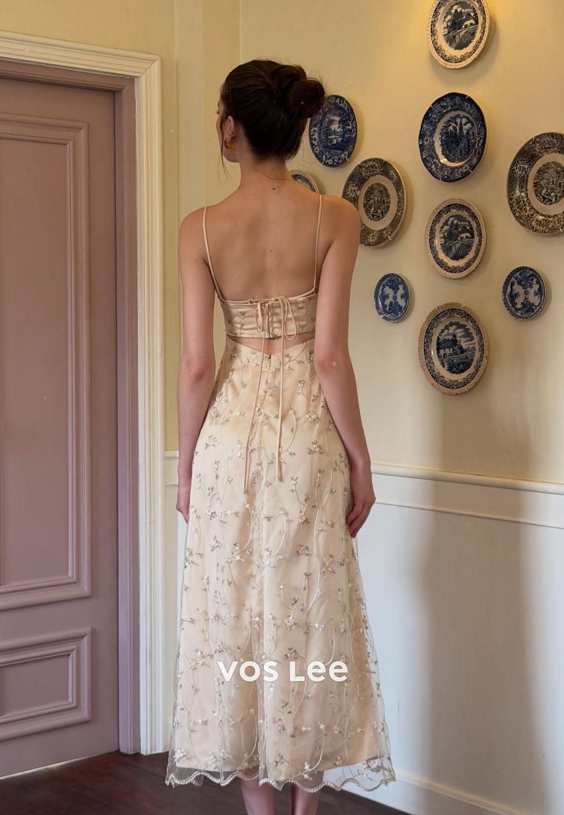 Soft Yellow Floral Embroidered Tulle Midi Dress | Spaghetti Strap Prom Gown