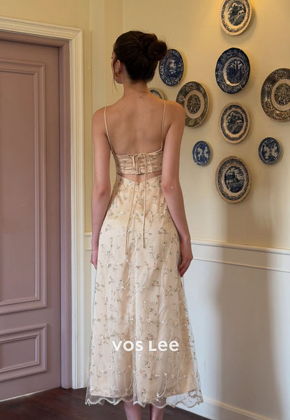 Soft Yellow Floral Embroidered Tulle Midi Dress | Spaghetti Strap Prom Gown