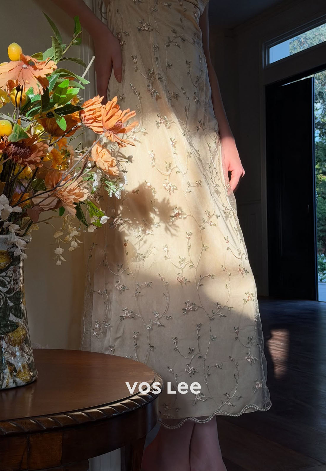 Soft Yellow Floral Embroidered Tulle Midi Dress | Spaghetti Strap Prom Gown