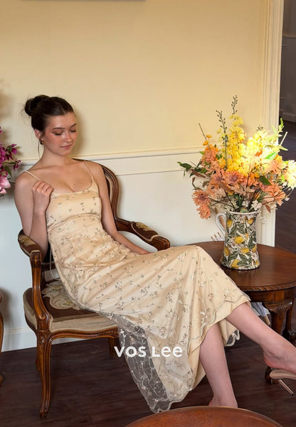 Soft Yellow Floral Embroidered Tulle Midi Dress | Spaghetti Strap Prom Gown