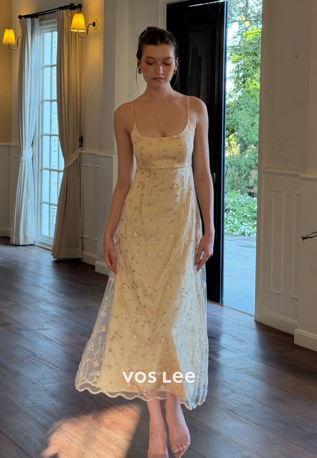 Soft Yellow Floral Embroidered Tulle Midi Dress | Spaghetti Strap Prom Gown