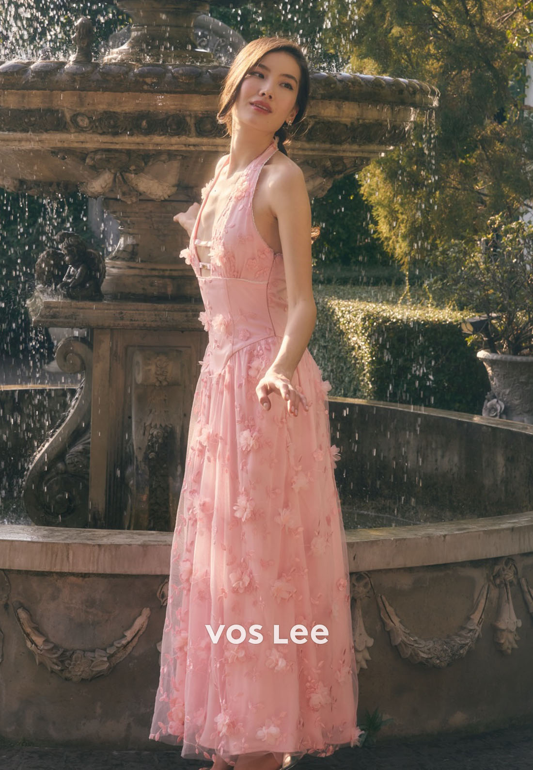 Pink 3D Floral Appliqué Halter Midi Dress Tulle Formal Gown 2026