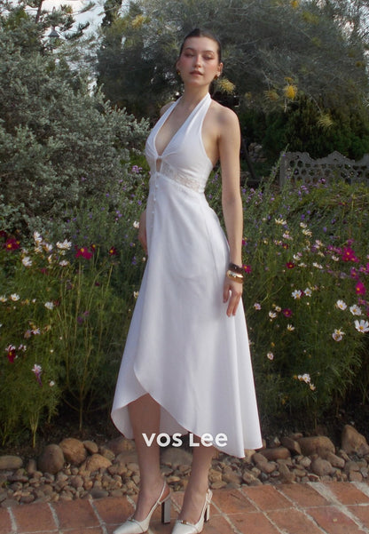 V-Neck Strapless White Halter Midi Dress with Pockets