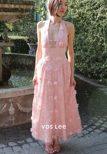 Pink 3D Floral Appliqué Halter Midi Dress Tulle Formal Gown 2026