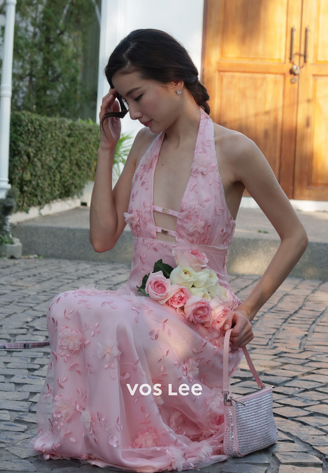 Pink 3D Floral Appliqué Halter Midi Dress Tulle Formal Gown 2026