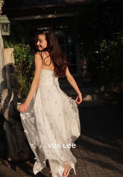 White 3D Butterfly Appliqué Midi Wedding Dress | Spaghetti Strap Bridal Gown