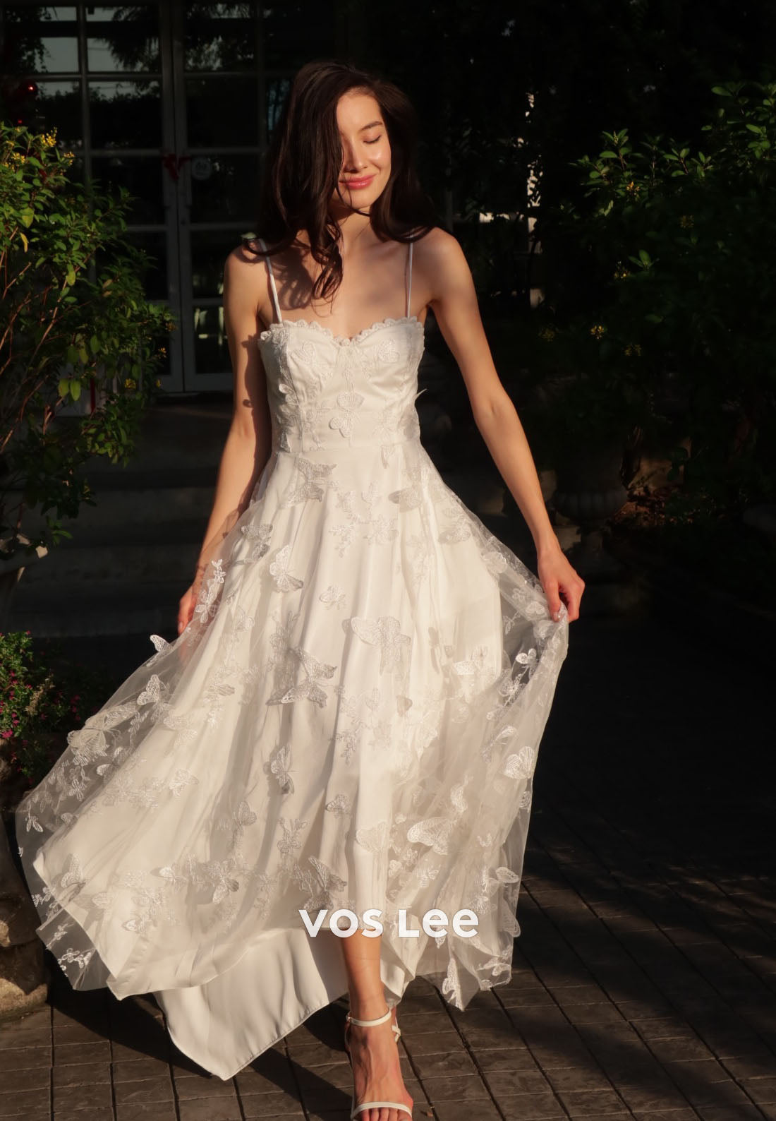White 3D Butterfly Appliqué Midi Wedding Dress | Spaghetti Strap Bridal Gown