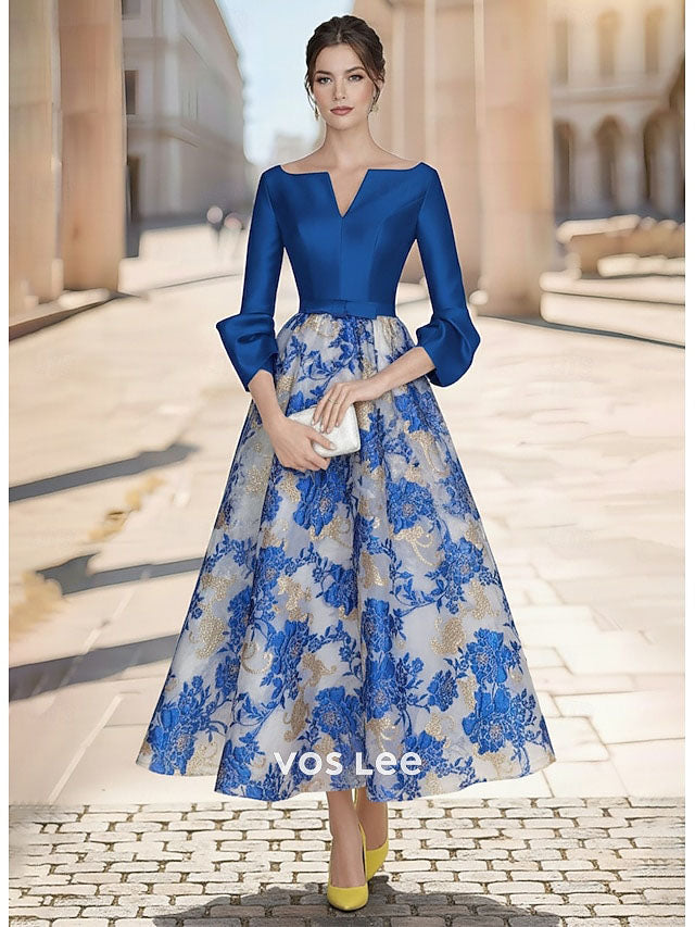 Royal Blue V-Neck Tea Length Gown | 3/4 Sleeve Floral Brocade Formal Dress