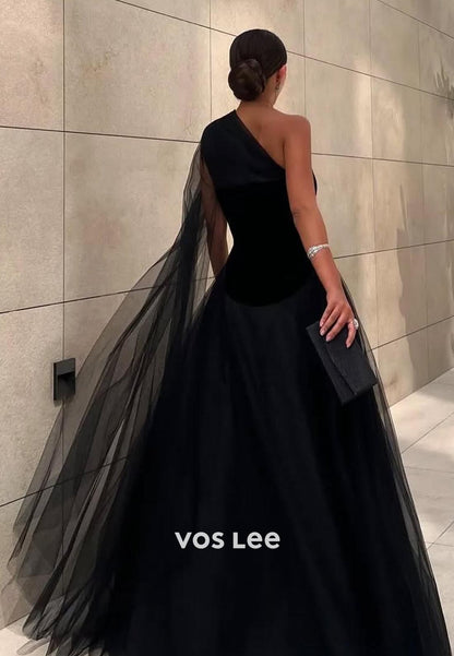 Couture Black A-Line One Shoulder Ruched EveningFormal Dresses