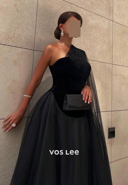 Couture Black A-Line One Shoulder Ruched EveningFormal Dresses